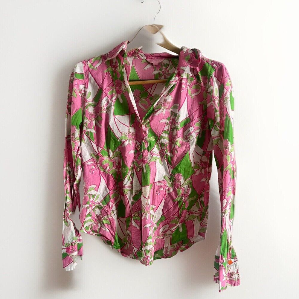 Lilly Pulitzer Long Sleeve Button Down Shirt Girls Size 10 Pink Floral